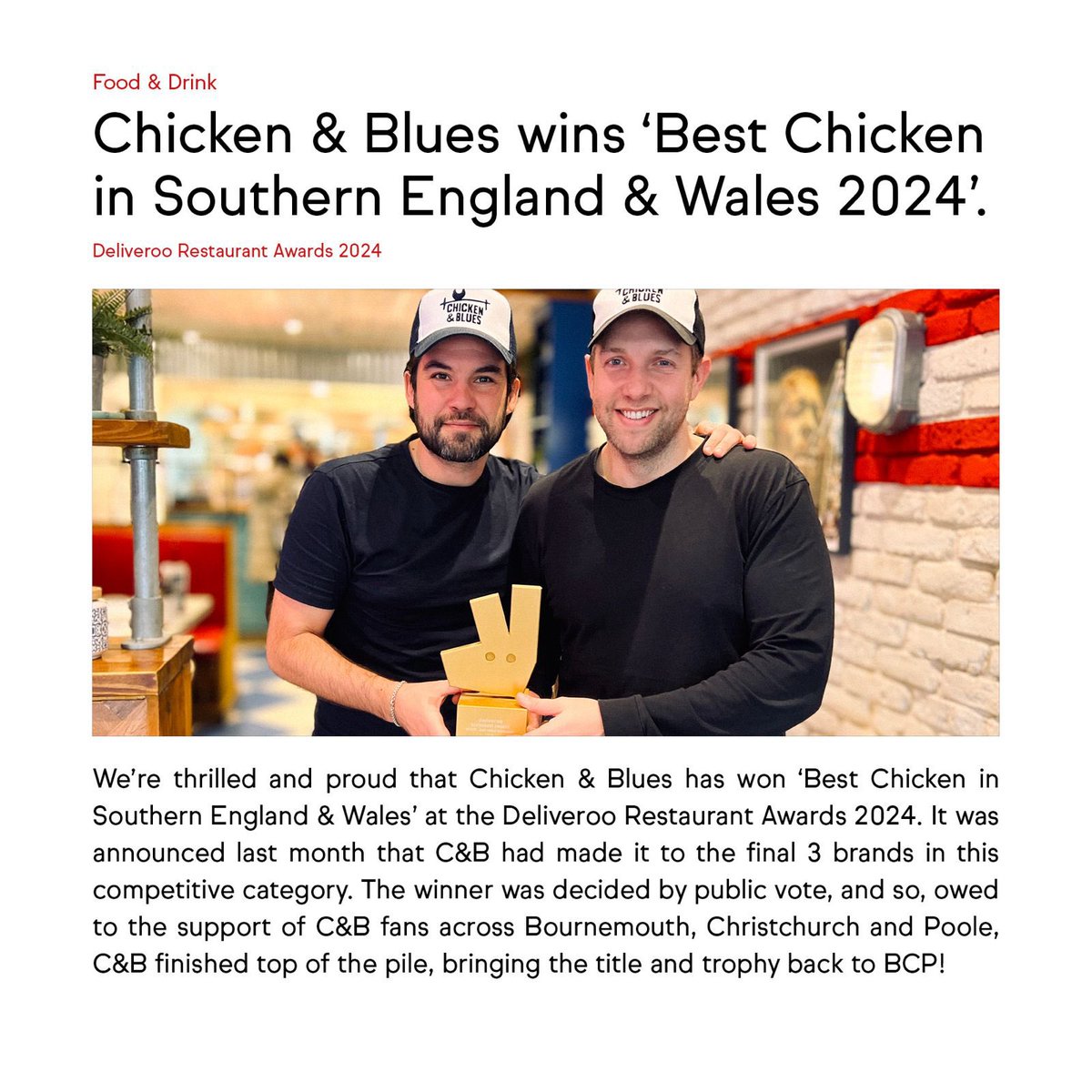 A huge thank you to everyone that voted for us. This is a huge win for C&B and a great start to 2024. We’ll be sending everyone a thank-you gift on email next week, so make sure you’re registered through the website before next Friday! 🐔🏆 @chickenandblues @Deliveroo