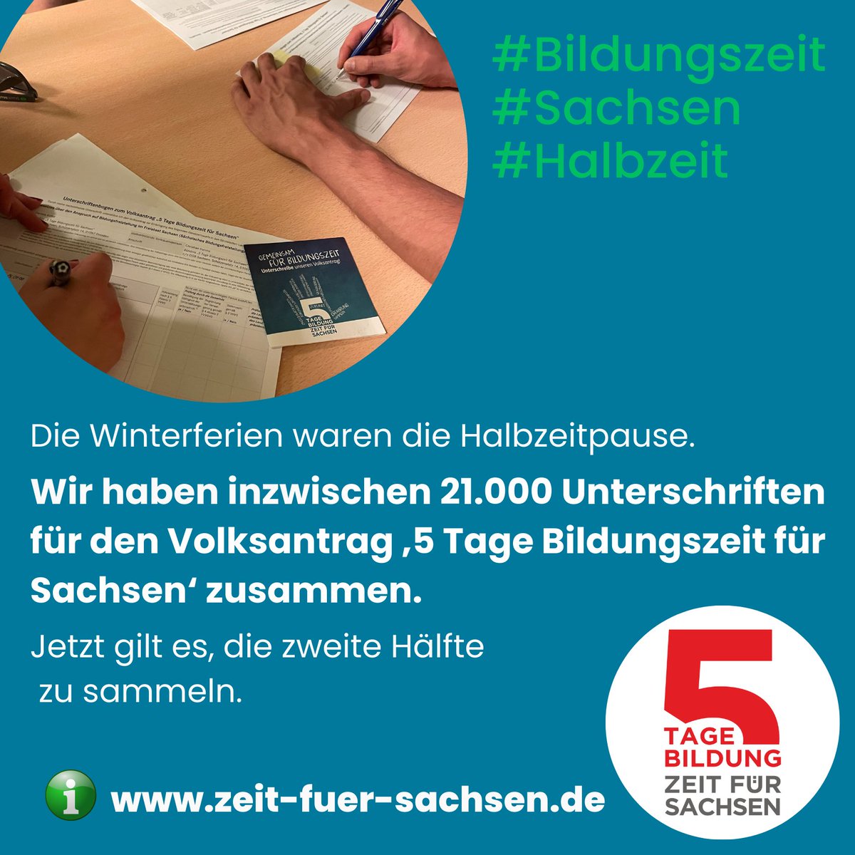 #Halbzeit. Wir haben 21.000 #Unterschriften für unseren #Volksantrag zusammen. Jetzt gilt es, die zweite Hälfte für #Bildungszeit in #Sachsen zu sammeln. #Weiterbildung #Bildungsurlaub