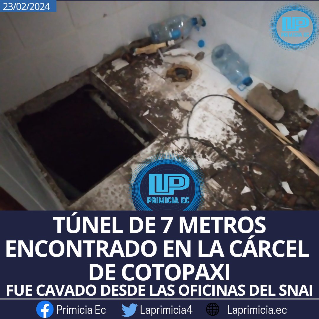 #Atención 🔴 TÚNEL DE 7 METROS FUE ENCONTRADO EN LAS OFICINAS DEL SNAI EN LA CÁRCEL DE COTOPAXI
En la cárcel de Cotopaxi, las Fuerzas Armadas encontraron un túnel de 7 metros de extensión este jueves 22/02/2024.
Detalles en el link👇👇
facebook.com/share/p/mcB4T5…