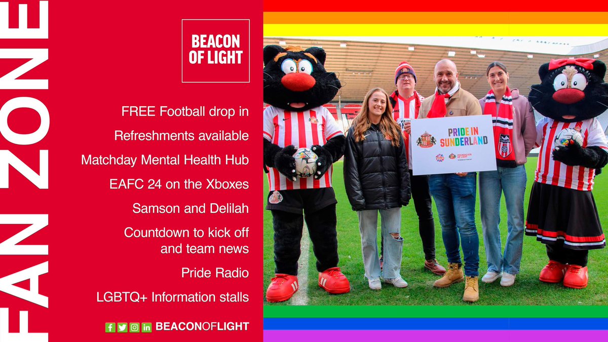 As part of LGBTQ+ History Month there will be activities in Saturday’s Fan Zone.

🤝 The Pride in Sunderland team will be promoting the new #SAFC fans group.

Pride Action North, Report Out, Be Trans, Pride Community Network, Rainbow Hub and AKT will also be there 

#EFLTogether
