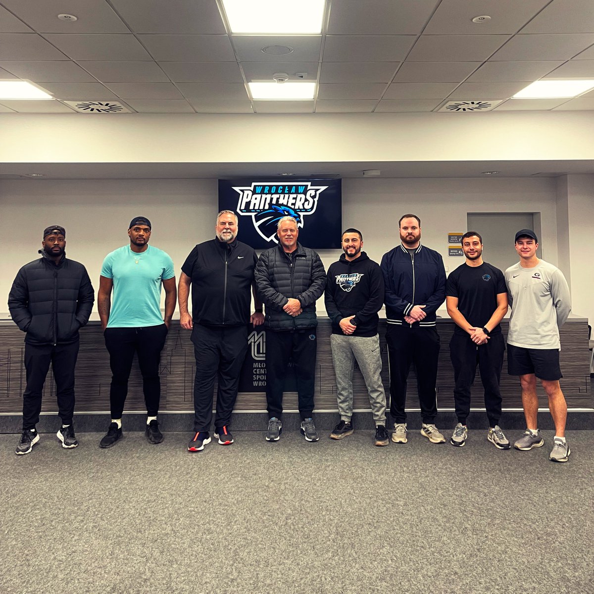 pantherswroclaw's tweet photo. Our coaching staff is already on-site! 🐾 Soon, we're starting our first practice on the field! 🏈 The 2024 season begins now 💪

From left: Marquis Griffin, Michael Sam, Craig Kuligowski, Dave Christensen, Gabe Landa, Sam Gooding, Vinny LoVerde, and Luc Cornier 🔥 https://t.co/zaX4cfLQXL