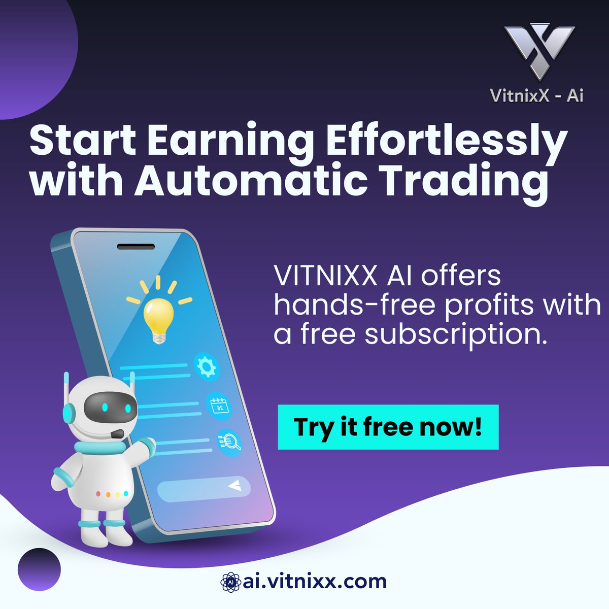 Effortless trading, guaranteed returns. Let VITNIXX AI automate your trades and start earning passively today. Sign up for free! 💻💵 
#EffortlessProfits #FreeSignup