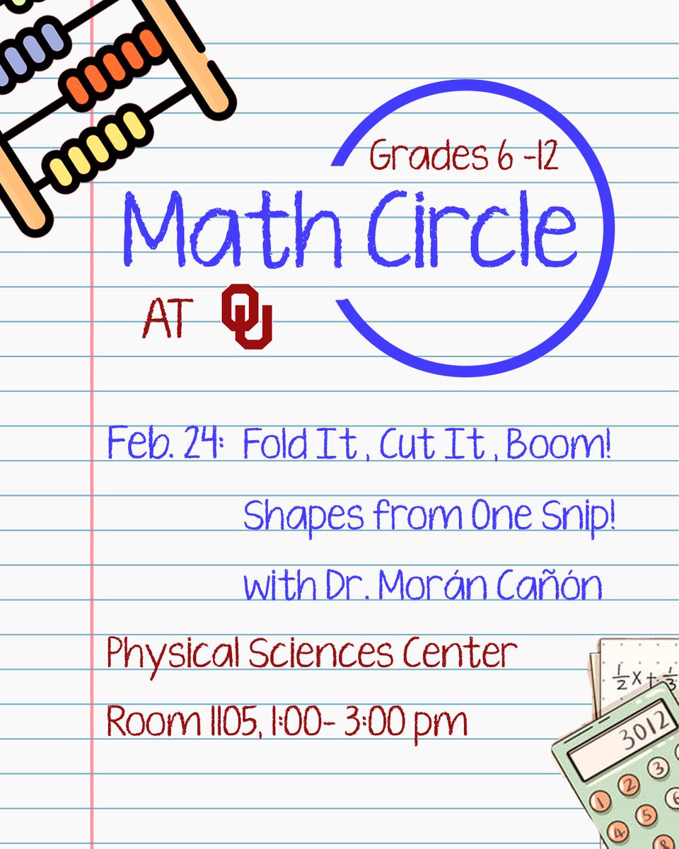 OU_Mathematics's tweet image. Come and do origami with us TOMORROW! We will learn the math secrets behind paper folding. Don’t forget to bring your scissors! #MathCircle #OUMathCircle #Mathsforkids