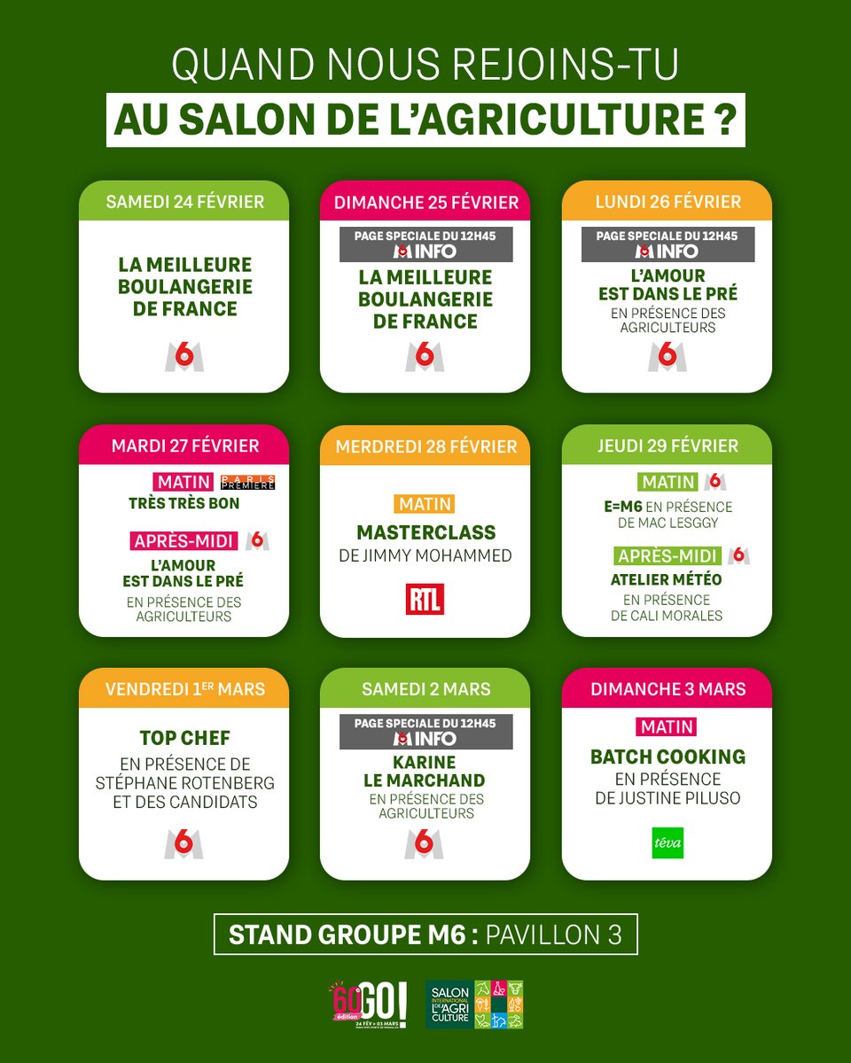 Ateliers, rencontres, dégustations… Voici le programme du stand @M6Groupe au @Salondelagri ! 🌾🚜#SIA #salondelagriculture