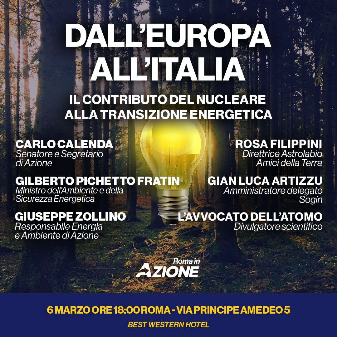 Mercoledì 6 marzo discutiamo del contributo del #Nucleare alla #transizioneecologica dell’Italia con @CarloCalenda, il Ministro @GPichetto, @GiZollino, #GianLucaArtizzu, l’@AvvocatoAtomico e @RosaFilippini. Vi aspettiamo! eventbrite.com/e/biglietti-da…