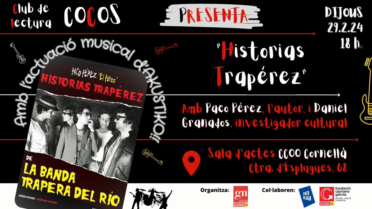 ccoo_bll_apag's tweet photo. 🔜S'apropa una de les presentacions del #ClubCOCOS amb més decibels.
📕Un llibre sobre la @LaBandaTraperaR: música, membres, activisme social:
🗓️29/2
🕕18 h.
🏢CCOO #Cornellà.
🎸Amb l'autor, Paco Pérez, la conducció de @eldanigranados i l'actuació d'AKUSTIKO❗️
➡️ACCÈS LLIURE⬅️ https://t.co/8cCSmUZKqF