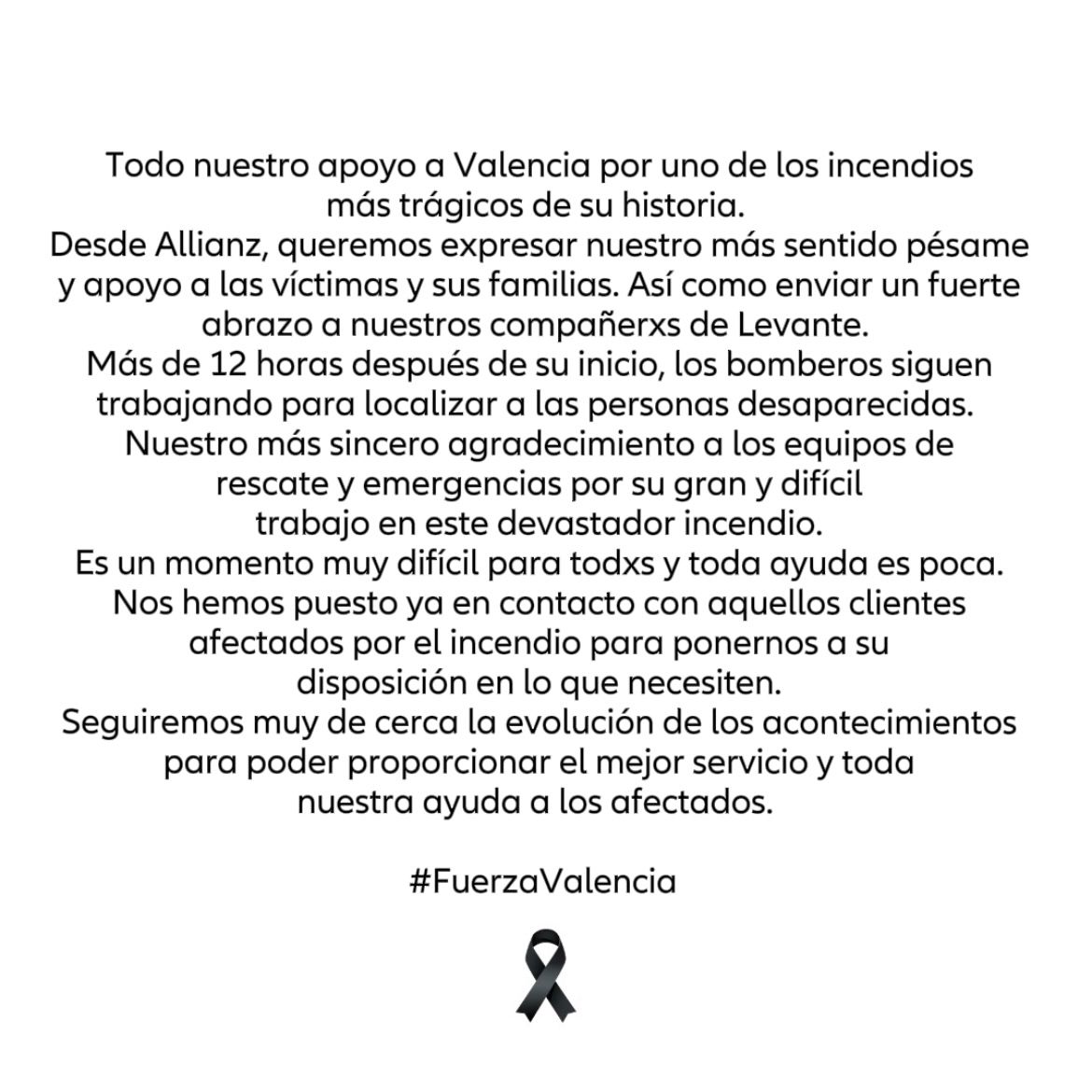 Todo nuestro apoyo a Valencia por uno de los incendios más trágicos de su historia.  
#FuerzaValencia 🖤