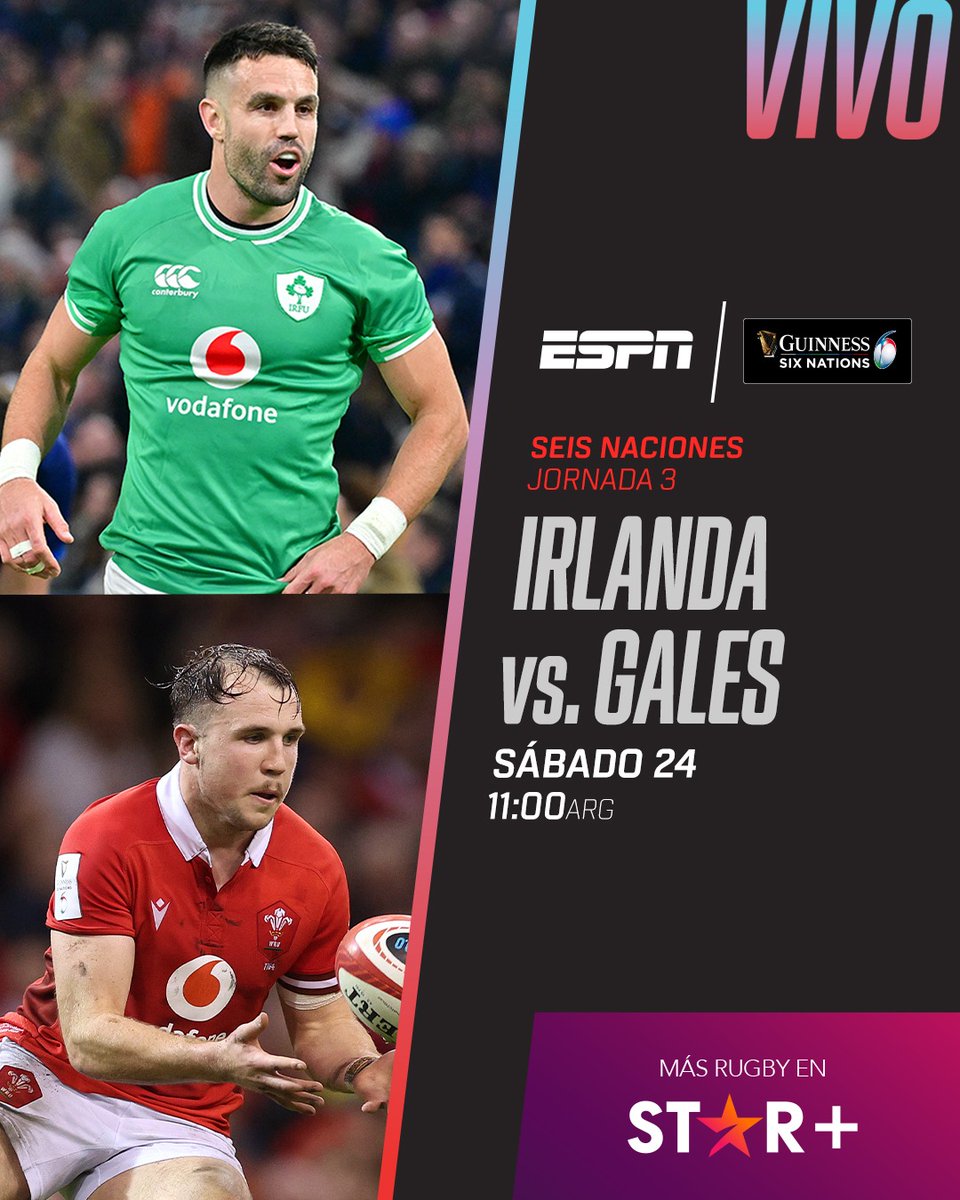 3️⃣ ¡El Trébol y Los Dragones Rojos abren la tercera jornada en Dublín! 🇮🇪🆚🏴󠁧󠁢󠁷󠁬󠁳󠁿 📆 Sábado 24 ⏰ 11:00 ARG/URU/CHI ⭐ @StarPlusLA: dis.la/SixNations_Irl… 📺 ESPN 3 🎤 @MartaAltberg - @albanesediego #SeisNaciones 6️⃣ #ESPNEnStarPlus