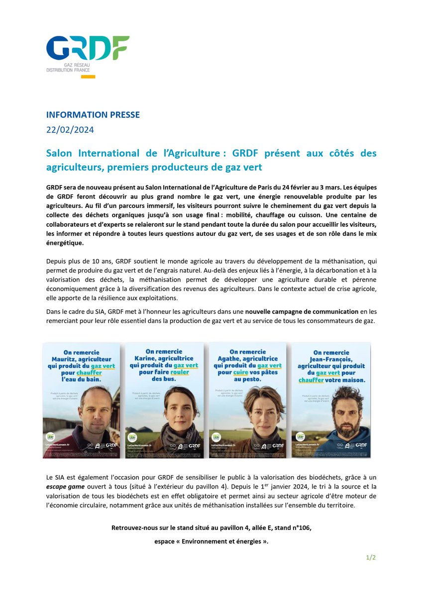 #Infopresse 🗞️
#SIA2024 : #GRDF présent aux côtés des agriculteurs, 1ers producteurs de #GazVert, pour y faire découvrir le #biométhane, un gaz renouvelable et ses usages : chauffage, cuisson et mobilité #BioGNV.
➡️ cutt.ly/jwNwRF0G
#Agriculture #Décarbonation #Energie