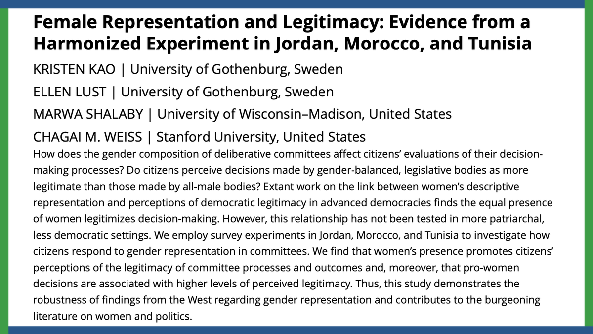 @kristenkao, @EllenMLust, @MarwaShalaby12, & @chagai_weiss's findings in patriarchal societies suggest that gender-balanced legislatures increase perceptions of legitimacy, supporting extant literature found in Western democracies. #APSRNewIssue ow.ly/4all50QBupc
