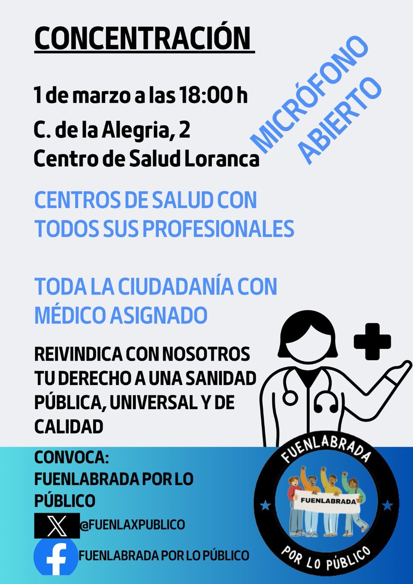 Sanidad pública, universal y de calidad para #Fuenlabrada.
✊🏼Las comunistas allí estaremos.
🏥Viernes  1 de marzo en Loranca.
