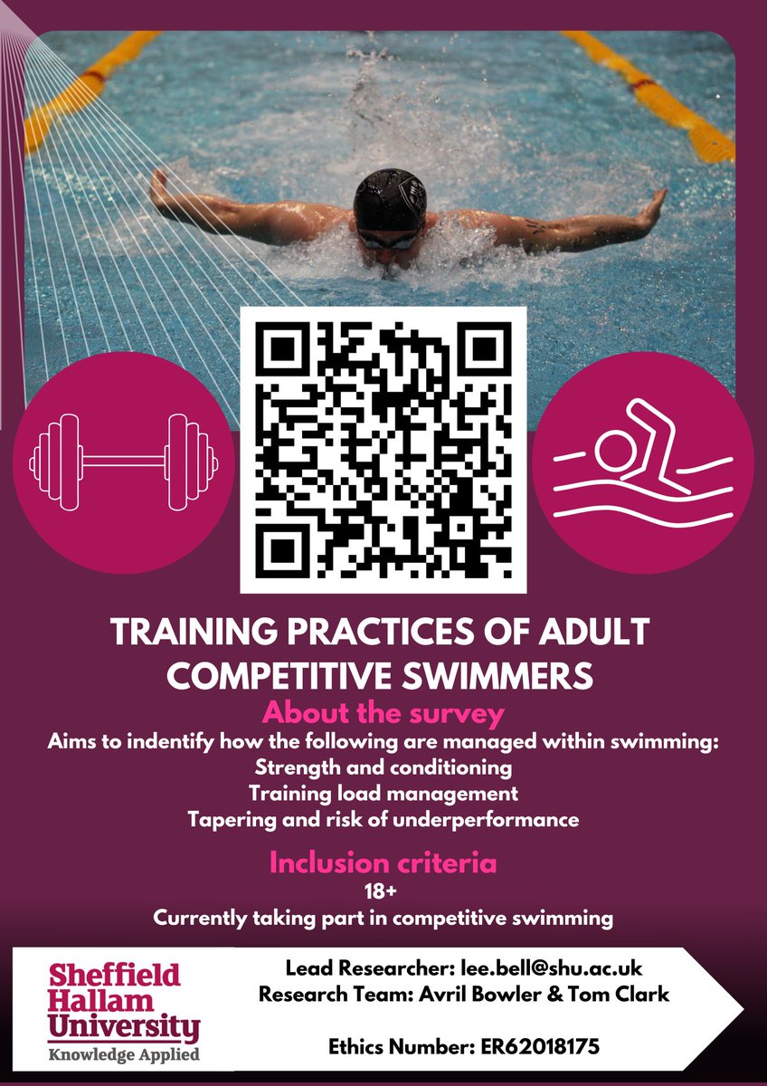 We are recruiting competitive adult swimming athletes to take part in our training characteristics survey. If you are aged 18+ and currently compete in swimming events at any level, please help us by completing this short survey. shusls.eu.qualtrics.com/jfe/form/SV_88… @SHP_shu @SHU_SPARC