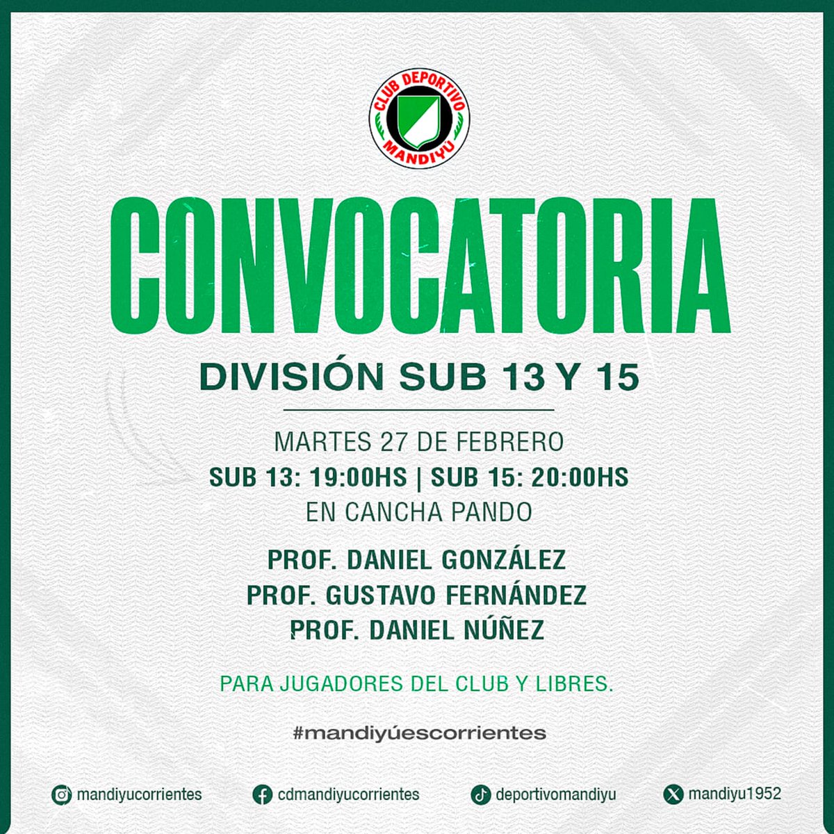 mandiyu1952's tweet photo. 🏃🏽‍♂️ El próximo martes arrancan los entrenamientos para nuestras categorías Sub 13 y 15 de cara a las competencias de esta temporada 

🏟️ Las prácticas se llevarán adelante en cancha Pando (calle Río Chico y Monteagudo)

⚪🟢 #VamosMandiyú https://t.co/hawtOE9VZm