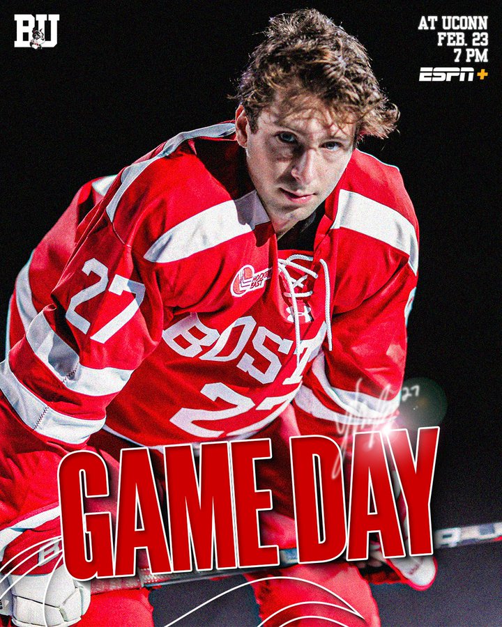 Game day graphic featuring posed photo of Jack Hughes. BU at UConn, Feb. 23, 7 PM on ESPN+