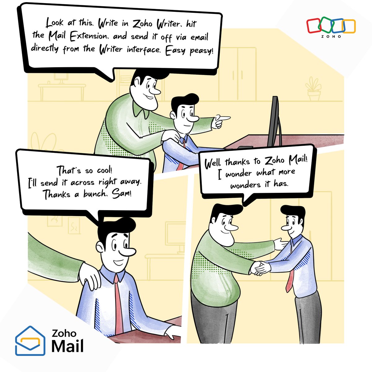 Unlock efficiency with Zoho Mail! Try the new integration with Zoho Writer  and streamline your document drafting and emailing process. Say goodbye to  the hassle and save time! #ZohoMail #ProductivityBoost #TimeSaving, image size:1200x1200