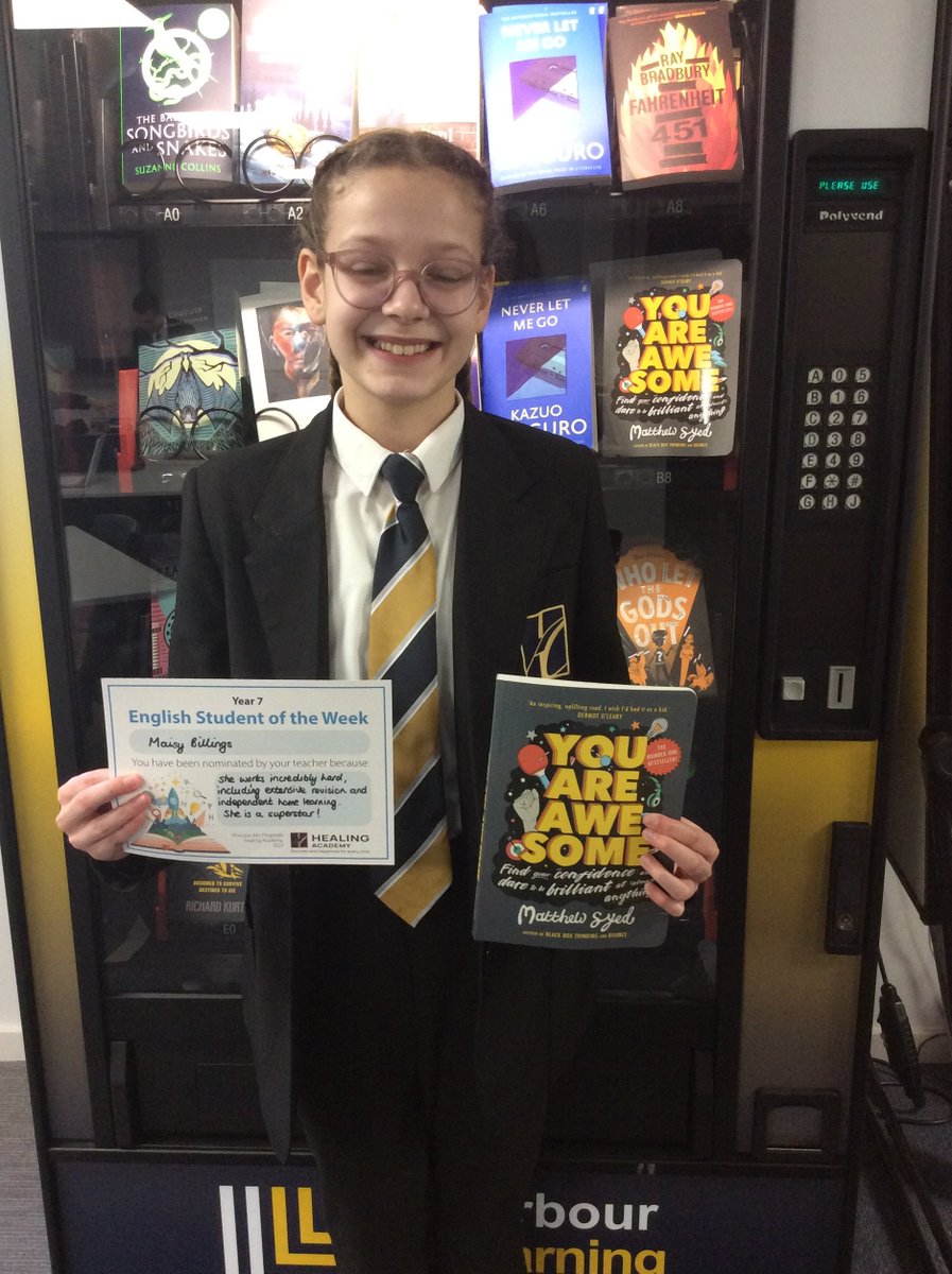 Round of applause please for Healing Academy Yr 7 pupil Maisy, for being the English pupil of the term! Maisy was rewarded by choosing a title from our book vending machine.
Maisy chose the book 'You Are Awesome'. 
We couldn't agree with you more! 
#praiseculture