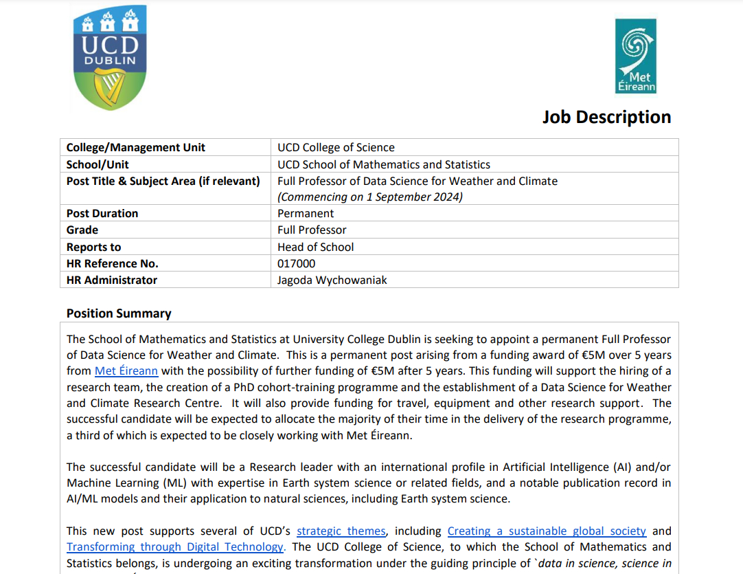 Job alert!🌩️⚡️ @ucddublin is recruiting a Full Professor of Data Science for Climate and Weather to lead a new multi-million-euro research programme in partnership with @MetEireann to support the further development of weather and climate services using data science and AI !