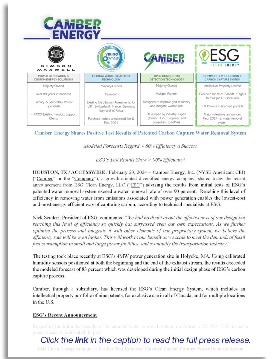 Camber_Energy's tweet image. Camber Energy Shares Positive Test Results of Patented Carbon Capture Water Removal System. 

ir.camber.energy/news/press-rel…

#carboncapture #CarbonZero #CleanAir #cleanearth #innovation #technology #camberenergy #camber #cei $CEI #esg #esgcleanenergy #cleanenergy #pressrelease #news
