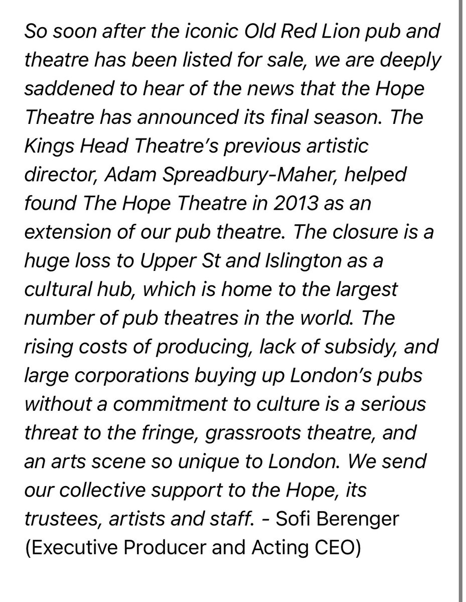 KingsHeadThtr's tweet image. A Statement from Kings Head Theatre :