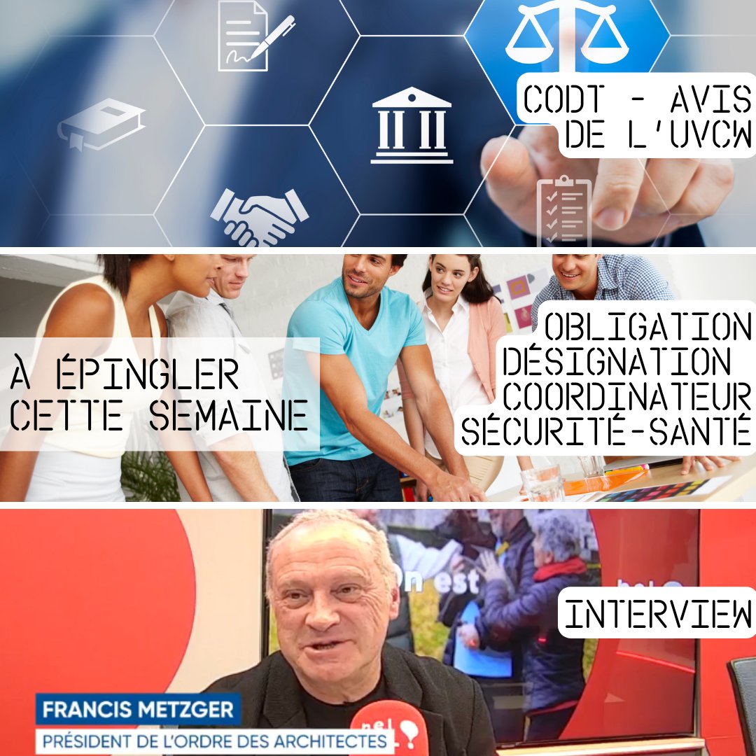 📌Le  "À Épingler" de ce vendredi 23 février est disponible ! 
📷 Voici les 3 thèmes abordés : 
- CoDT - L'avis de l'UVCW
- Obligation de désignation d'un coordinateur sécurité-santé
- <a href="/MetzgerFrancis/">Metzger Francis Architecte</a>, président de l'OAfg, dans les ondes de Bel RTL 
> mailchi.mp/0b98cff79020/a