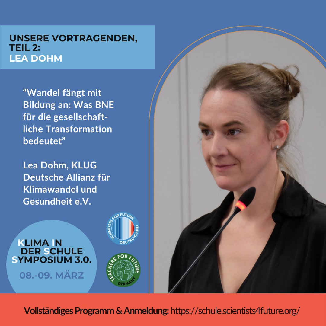Unsere Vortragenden, Teil 2: <a href="/LeaDohm/">Lea Dohm</a> 

🔎 "Wandel fängt mit Bildung an: Was BNE für die gesellschaftliche Transformation bedeutet"

🕞 Freitag, 08. März, 16:30 Uhr

Das gesamte Programm und die Anmeldung finden sich auf unserer Webseite (schule.scientists4future.org/kiss-2024/).