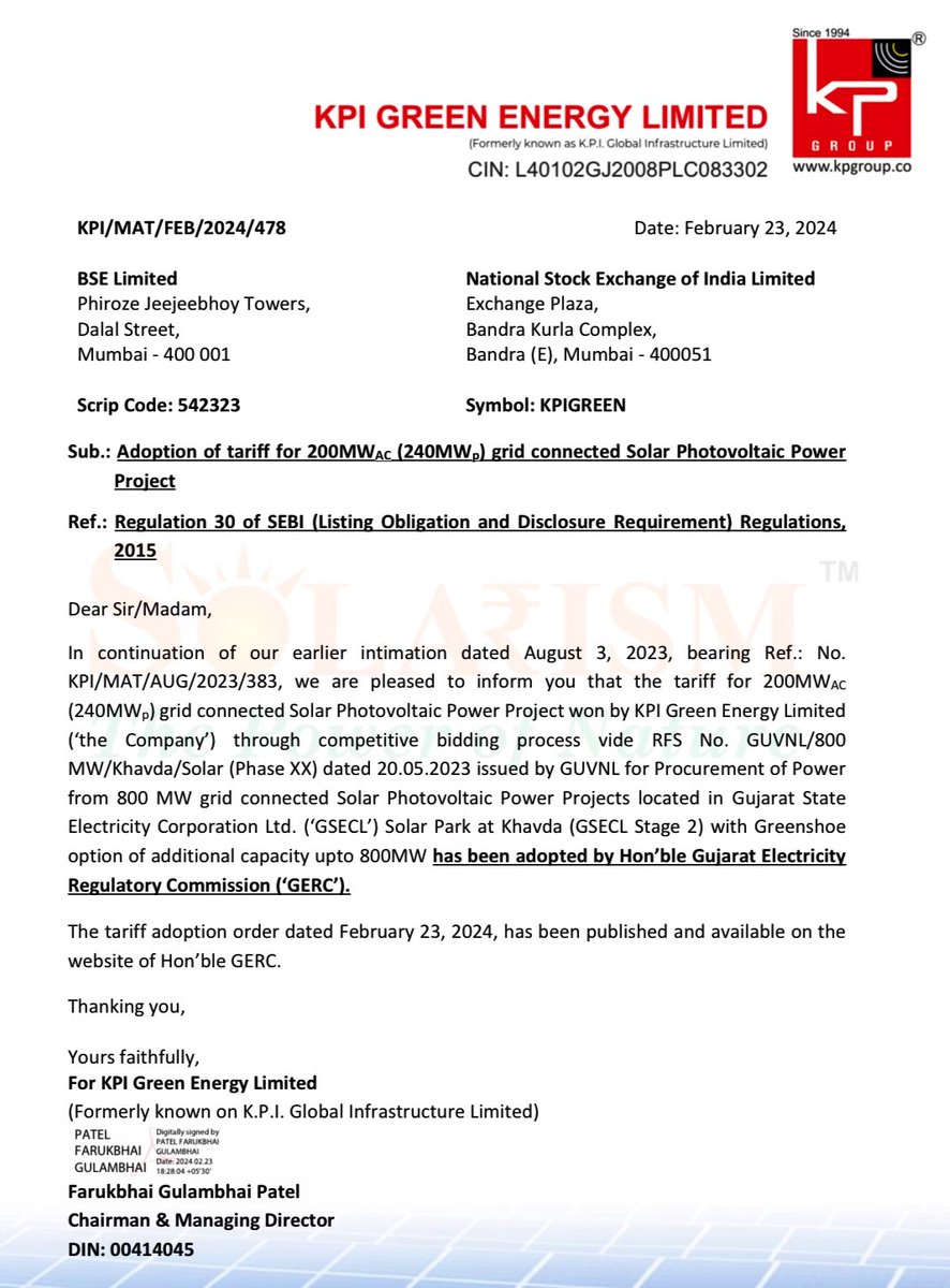 KPI Green Energy Limited secured a 200MWAC (240MWp) grid-connected Solar Photovoltaic Power Project in Gujarat through a competitive bidding process initiated by GUVNL.

The project, located in GSECL Solar Park at Khavda, with a Greenshoe option for an additional 800MW, has been