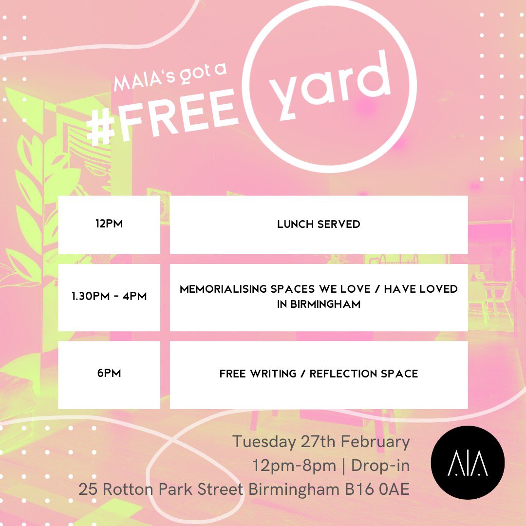 Come through to FREE YARD on Tuesday, where we’ll be honouring + documenting spaces in Brum that we have loved and cherished 💕 how might these then inform new spaces that we’re dreaming up for the city? Soup from the incredible Chae 🍲🍲🍲 See you there! Drop-in 12-8pm 💛