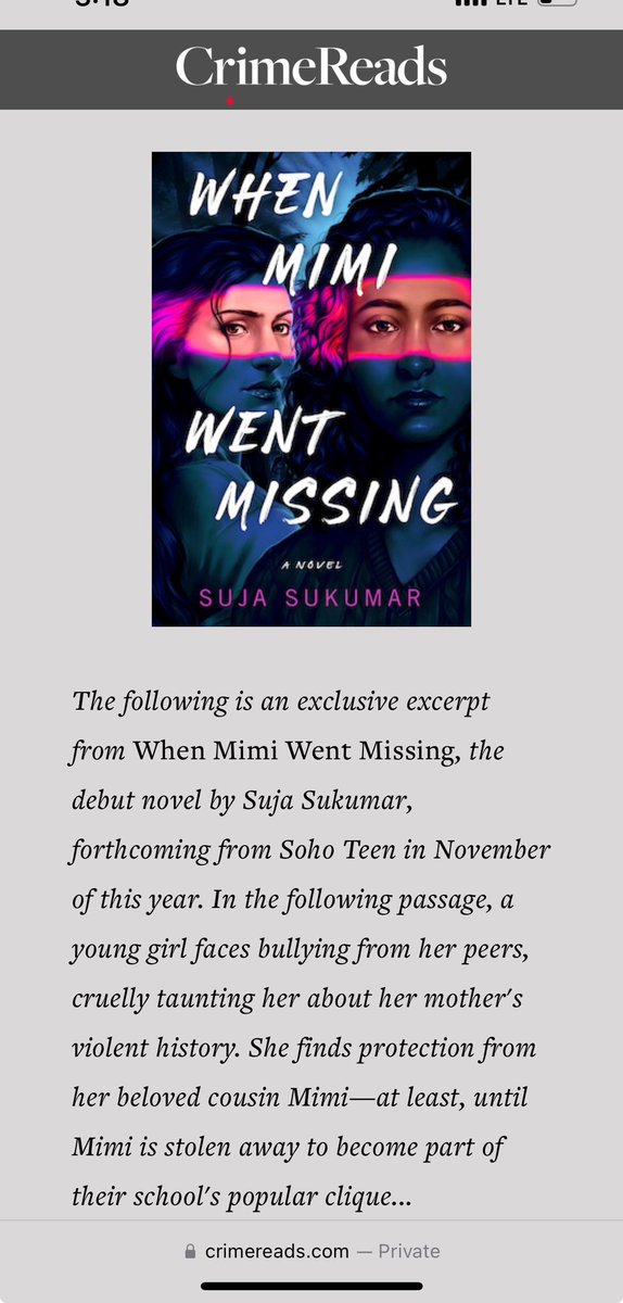 Crime Reads posted the cover & excerpt from my #debut WHEN MIMI WENT MISSING out 11/19/24 from Soho Teen! It features the rocky relationship between two Indian American cousins in a dark #YAthriller perfect for fans of Tiffany D. Jackson, Karen McManus, & Angeline Boulley #bipoc