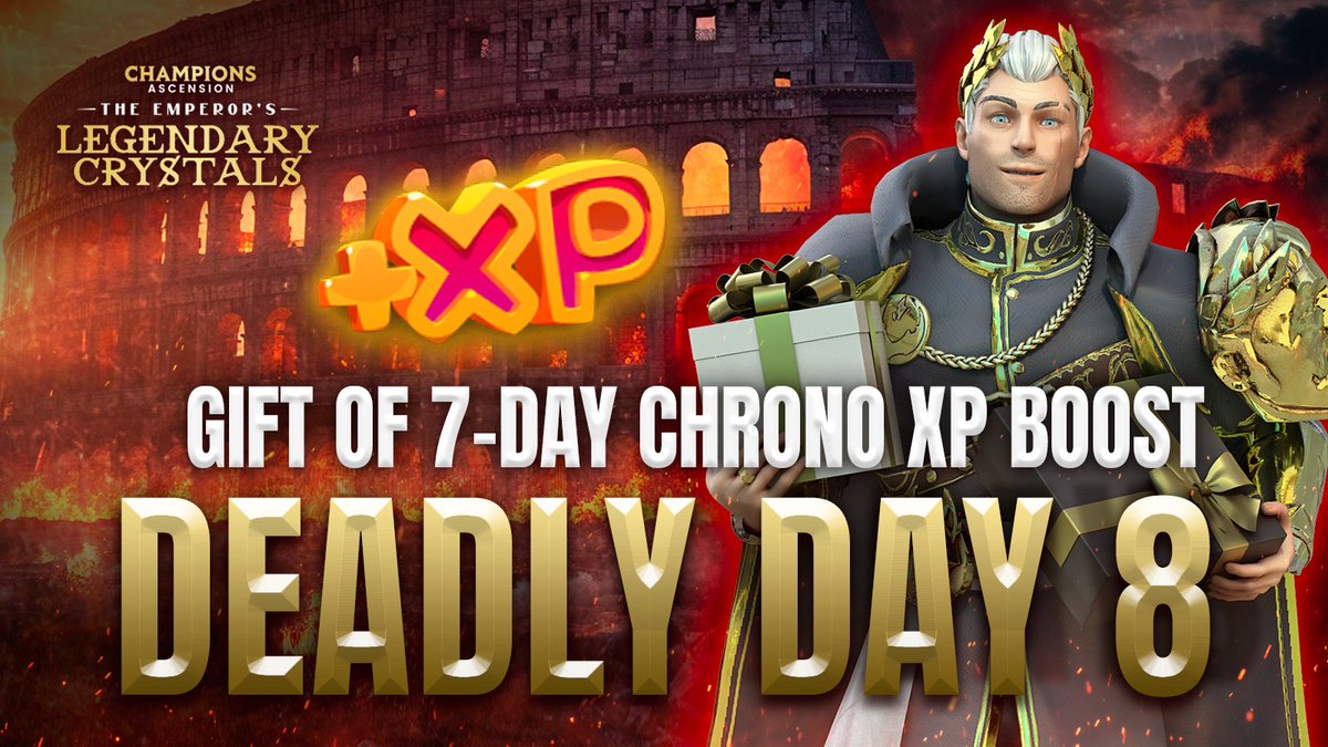 Boosted! Everyone, please enjoy this final bonus gift of 7 days worth of Chrono XP boost. Login every day for the next 7 days and every single one of your champions will be worth 2.5x more Chrono XP! Login, claim, and ascend your maestro tiers!