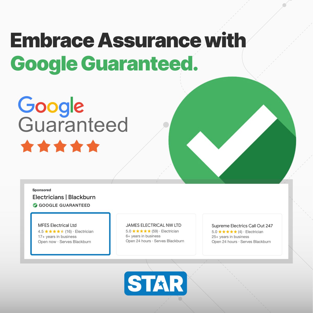 StarWebsitesUK's tweet image. Rest easy knowing you&apos;re covered with Google Guaranteed like our customer MFES Electrical Ltd does.
#googleguaranteed #google #googlemybusiness #googleguaranteedbusiness #googletick #businessmarketing #business #localbusiness #digitalmarketing #SEO #googleads #electricalblackburn