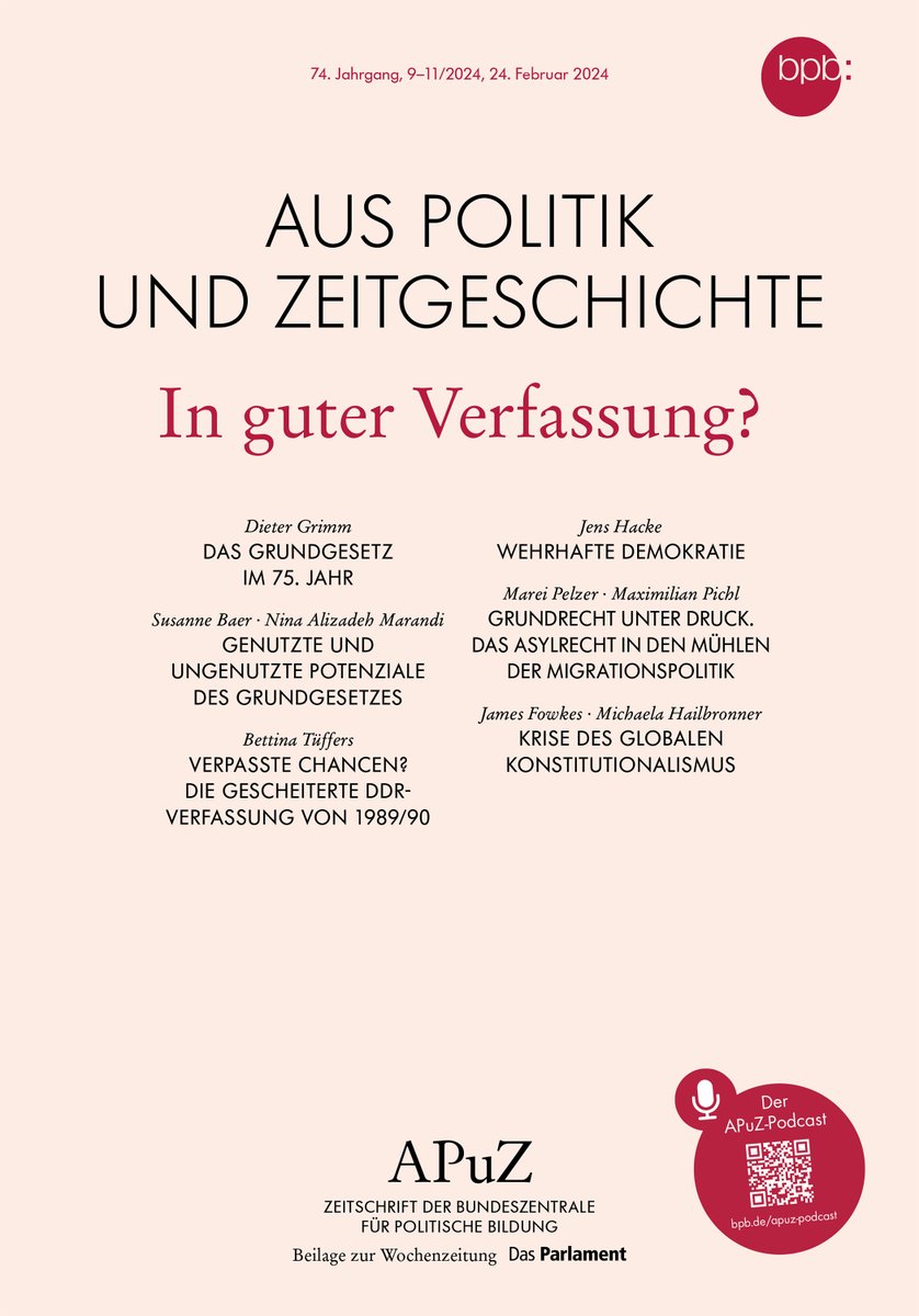 Unsere neue Ausgabe zum 75. #Grundgesetz-Jubiläum ist online! Mit Beiträgen von D. Grimm @wiko_berlin, S. Baer u. N. Marandi @HumboldtUni, B. Tüffers, J. Hacke @UniHalle, M. Pelzer u. @MXPichl, J. Fowkes u. @MHailbronner. Morgen gedruckt im 'Parlament'. bpb.de/shop/zeitschri…