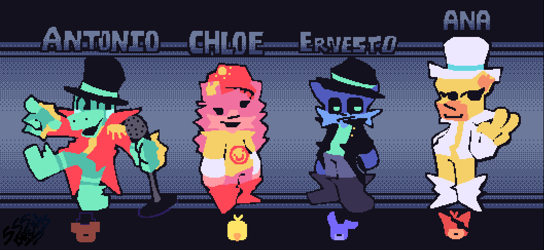 CStylished's tweet image. HOLA CHICOS

MIREN LA BANDA PRINCIPAL!!
PD: Por el presupuesto son trajes y no animatronicos

Antonio el "Caiman"
Chloe la osa "Frontino"
Ernerto el "Jaguar" (noparece)
Ana la "Capybara"

El arte fue hecho por @SSSdreams345 
#fnf #fnfmod #fridaynightfunkin #OurpleGuy