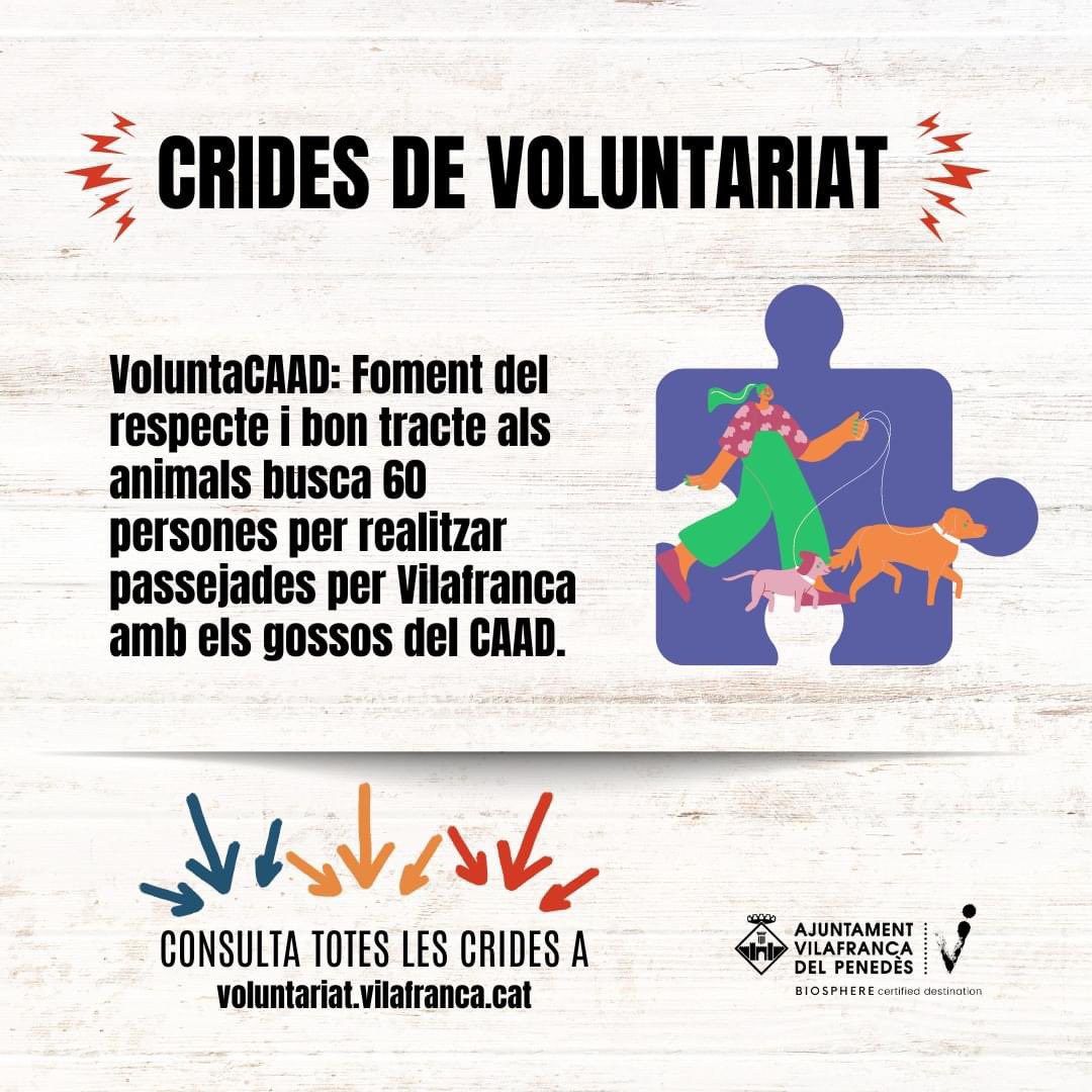 Ajuntament de Vilafranca del Penedès (@vilafrancaaj) on Twitter photo 👋 <a href="/caadpenedes/">CAAD Penedès</a> busca voluntariat per realitzar passejades i donar suport en tasques.
👉 Places demanades: 60
🕟 De dilluns a diumenge de 10 a 13h, i dimarts i dijous fins a les 17h
📧 voluntacaad.penedes@gmail.com
➕info: voluntariat.vilafranca.cat
#Vilafranca #capitaldelvi 👋 <a href="/caadpenedes/">CAAD Penedès</a> busca voluntariat per realitzar passejades i donar suport en tasques.
👉 Places demanades: 60
🕟 De dilluns a diumenge de 10 a 13h, i dimarts i dijous fins a les 17h
📧 voluntacaad.penedes@gmail.com
➕info: voluntariat.vilafranca.cat
#Vilafranca #capitaldelvi