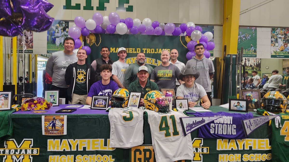What a great day for these two outstanding young men, Brian Coyle Jr. and Bobby Herrera. Brian signed to go play football at Western and Bobby is headed north to Highlands. Family, friends, coaches, teachers, admin., and many more attended a great celebration at The Mayfield HS.