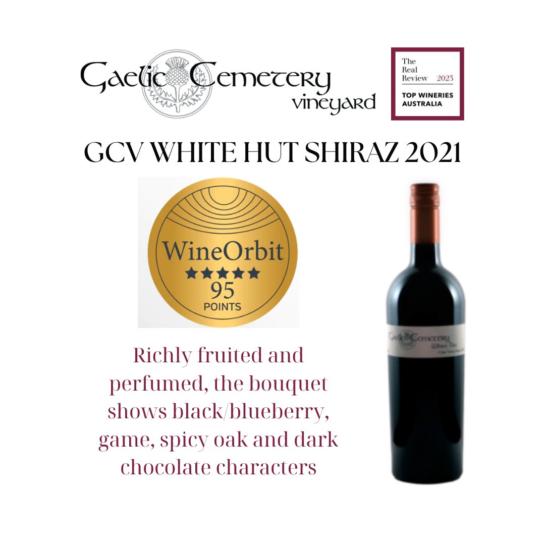 Indulge in the exquisite GCV White Hut Shiraz 2021 from Gaelic Cemetery Vineyard – a true masterpiece! 
Acclaimed Reviews:
Wine Front: 91 Points 
Wine Orbit: 95 Points 
Wine Review Simple: 93 Points 
Wine Reviewer: 94 Points 
Winepilot: 92 Points 

#wineperfection