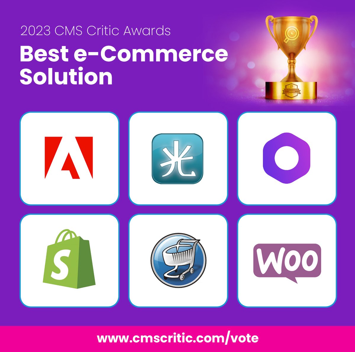 We shopped for your top #ecommerce nominations 🗳️

Now, tell us which solution is the best in the basket 🛒

@adobe
@hikashop
@medusajs
@Shopify 
@virtuemart
@WooCommerce

Just a few days left to get your votes in for the 2023 #cmscriticawards

👉 cmscritic.com/vote 👈