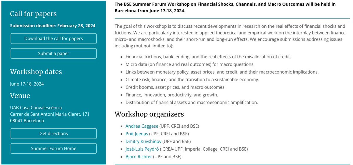 📢(Last minute) Call for Papers📢

Measuring the effects of financial frictions on the macroeconomy?

Submit to this year's edition of “Financial Shocks, Channels, and Macro Outcomes” @ the 2024 <a href="/bse_barcelona/">Barcelona School of Economics</a> Summer Forum (June 17-18). Deadline Feb 28. 
bse.eu/summer-forum/w…