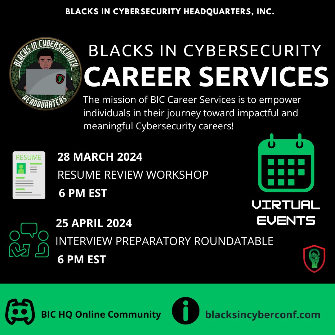 💼 Join in for a series of BIC Career Services events! 💻️ 

POC: Sydney Johns 

We're here to help you take the next step in your career journey!

Join here: blacksincyberconf.com/online-communi…

#CareerServices #BIC_CareerServices #BIC_Jobs #BlacksInCyber #LitLikeBIC