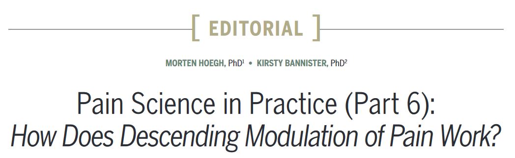 JOSPT's tweet photo. Part 6 of our series #PainScienceInPractice focuses on the role of the descending pain modulatory system (DPMS), including how exercise impacts modulation
Link β‘οΈ https://t.co/rxR5JNz75i
And don't forget to read parts 1-5 to enhance your #PainScience knowledge
#yourJOSPT https://t.co/ztknRKQxzD