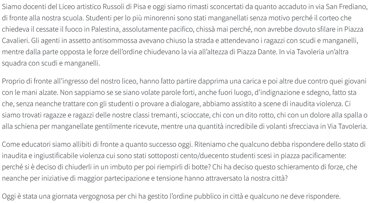 JacopoCustodi's tweet photo. Lettera dei docenti del Liceo Russoli di #Pisa, che si trova di fronte a dove i poliziotti hanno violentemente aggredito gli studenti minorenni che manifestavano pacificamente per la #Palestina https://t.co/ikcK9sYLqz