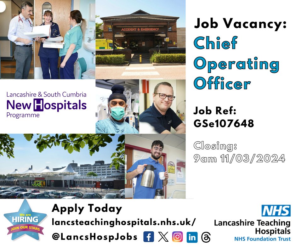 Job Vacancy: Chief Operating Officer @LancsHospitals We are looking for a credible, collaborative and visible leader to join our Board as our new #ChiefOperatingOfficer. Up for the challenge? Closes: 9am - 11/03/24 Read more & apply: leaders-at-lthtr.co.uk/job/chief-oper… #NHS #NHSJobs