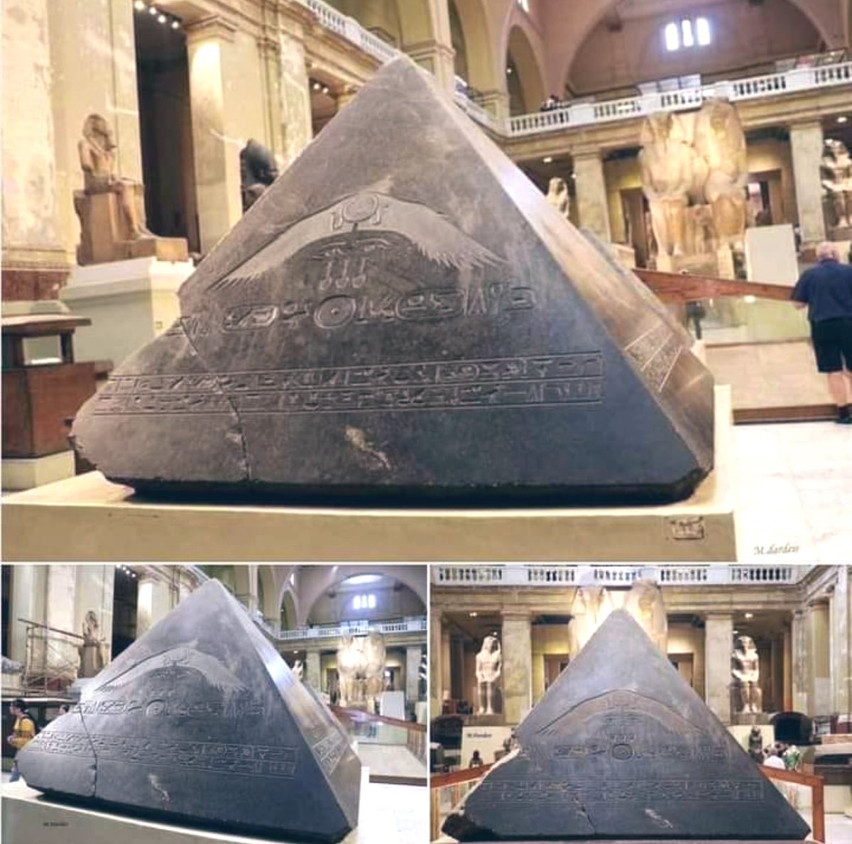 👀💭 Is this a Pyramid Capstone? This stone dates back to the #Heliopolis period of ancient #Egypt & was discovered during the excavation of the #Egyptian pyramids. This #pyramid is made of black stone, but it is no ordinary stone because its ingredients are not found anywhere
