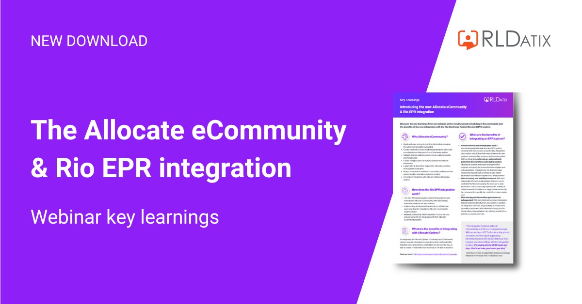 Making systems work harder for you is key to supporting care in the community. Missed our webinar introducing the new Allocate eCommunity and Rio EPR integration? We've collated all the key learnings: Download here: ow.ly/Xav350QGB4m #CommunityCare #CommunityScheduling