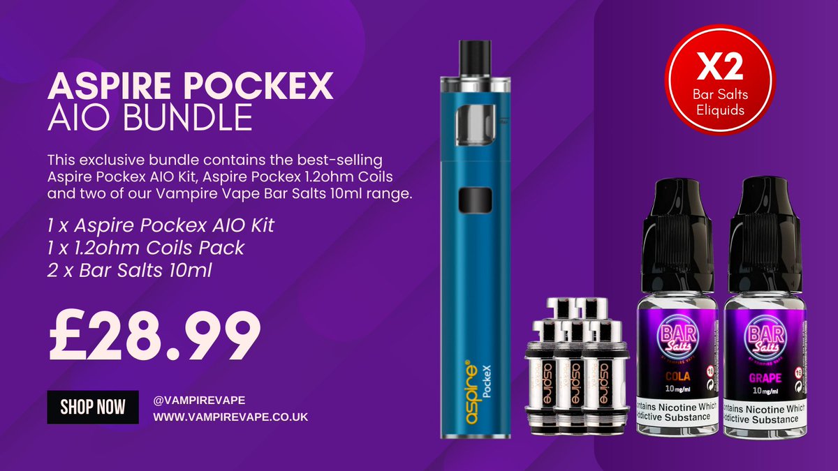 This exclusive bundle contains the best-selling Aspire Pockex AIO Kit, Aspire Pockex 1.2ohm Coils and two of our Vampire Vape Bar Salts 10ml range.

Get yours 📲 vampirevape.co.uk/aspire-veynom-…