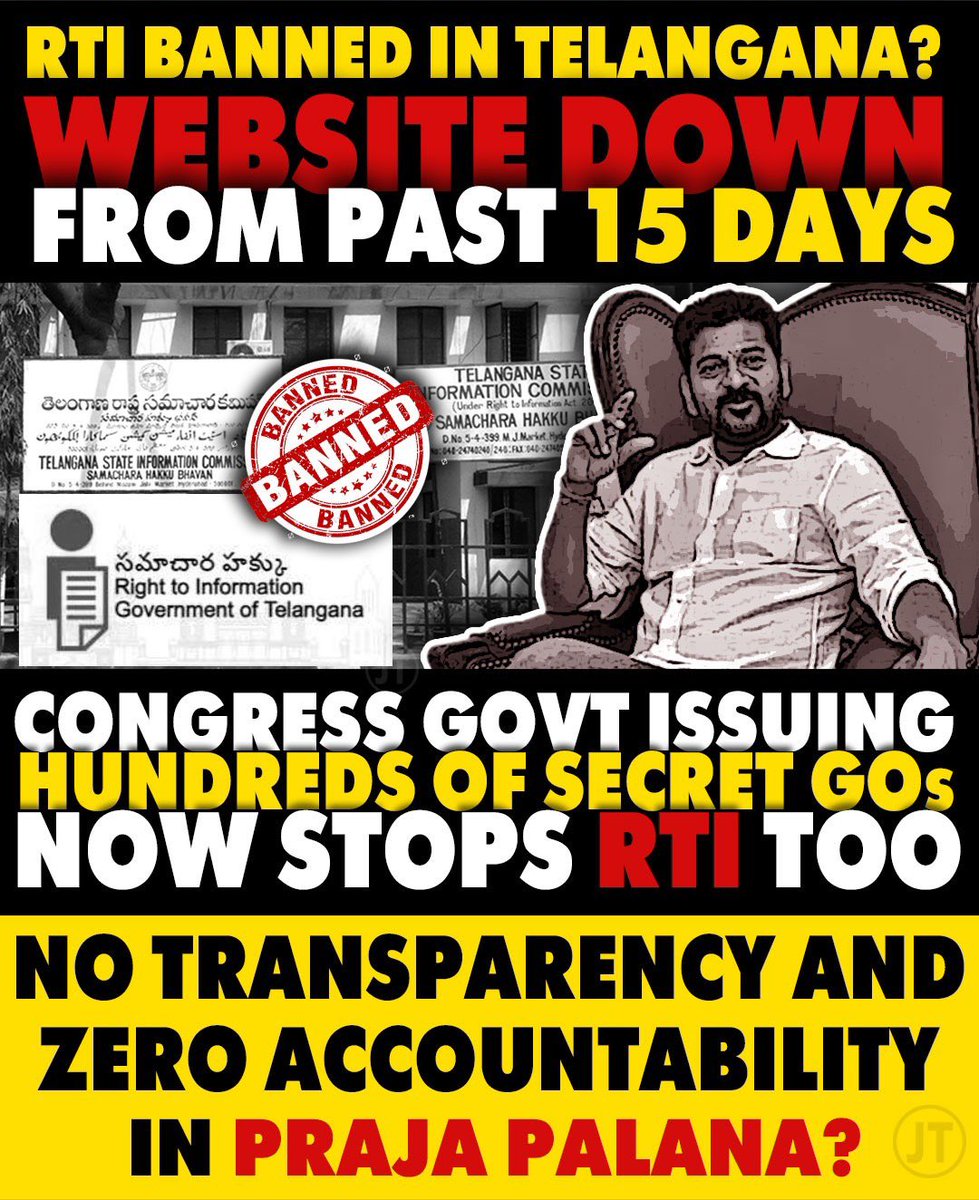 BRSparty's tweet photo. Has the Congress government banned RTI in Telangana?

RTI website (https://t.co/YwD7UGITaK) is down for the past 15 days. 

Praja Palana is a Joke. Period!

@TelanganaCMO https://t.co/2ObZ6WBON1