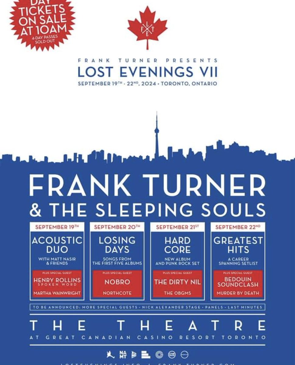 Excited to be playing our old buddy @frankturner 's event Lost Evenings this year, on September 22 in Toronto! I've always wanted to check out his yearly traveling weekender, and so we're headed up north for a quick one-off to see him blow the doors off Queen City.