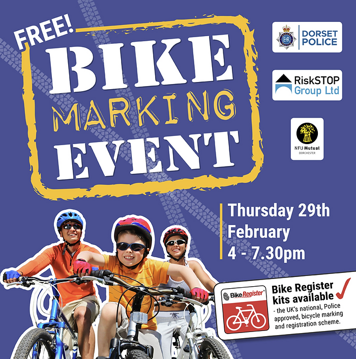 RiskSTOP Group and NFU Mutual have partnered to sponsor Dorset police in hosting an event to security mark residents' bicycles for free! 📅 Thursday 29th February 🕒 4 - 7:30pm 📍 1610 Leisure Centre, Coburg Road Bring your bicycles along and let's make them even more secure.