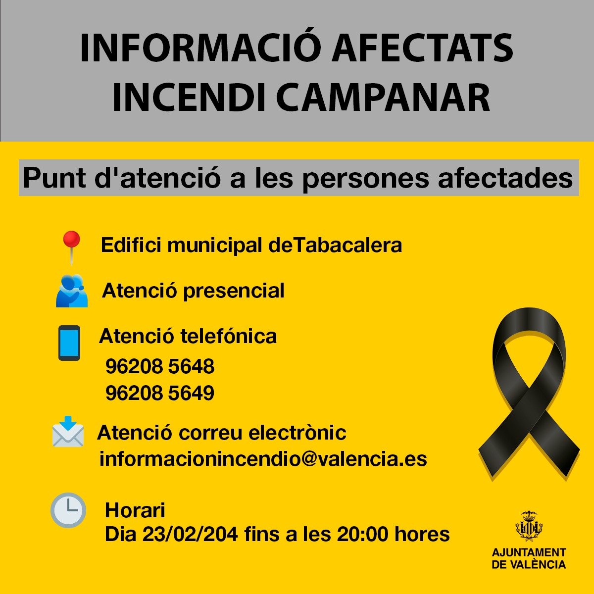 Ajuntament València (@ajuntamentvlc) on Twitter photo ⚠️Punt d'atenció a les persones afectades per l'incendi🔥, en l'edifici de Tabacalera📍
🫂 Atenció presencial
☎️Atenció telefònica
▪️96208 5648
▪️96208 5649
📩Atenció correu electrònic
informacionincendio@valencia.es
🗓️Hui, fins a les 20 h
#IncendioCampanar #IncendiCampanar ⚠️Punt d'atenció a les persones afectades per l'incendi🔥, en l'edifici de Tabacalera📍
🫂 Atenció presencial
☎️Atenció telefònica
▪️96208 5648
▪️96208 5649
📩Atenció correu electrònic
informacionincendio@valencia.es
🗓️Hui, fins a les 20 h
#IncendioCampanar #IncendiCampanar