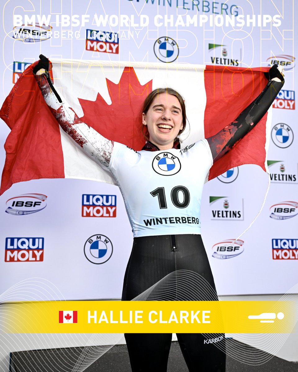 ✨WORLD CHAMPION 2024 - Hallie Clarke 🇨🇦

Hallie is the youngest ever World Champion in Women’s Skeleton. Incredible! 👏

#IBSF100 #BMWIBSFWorldCHs2024 #CHAMPION