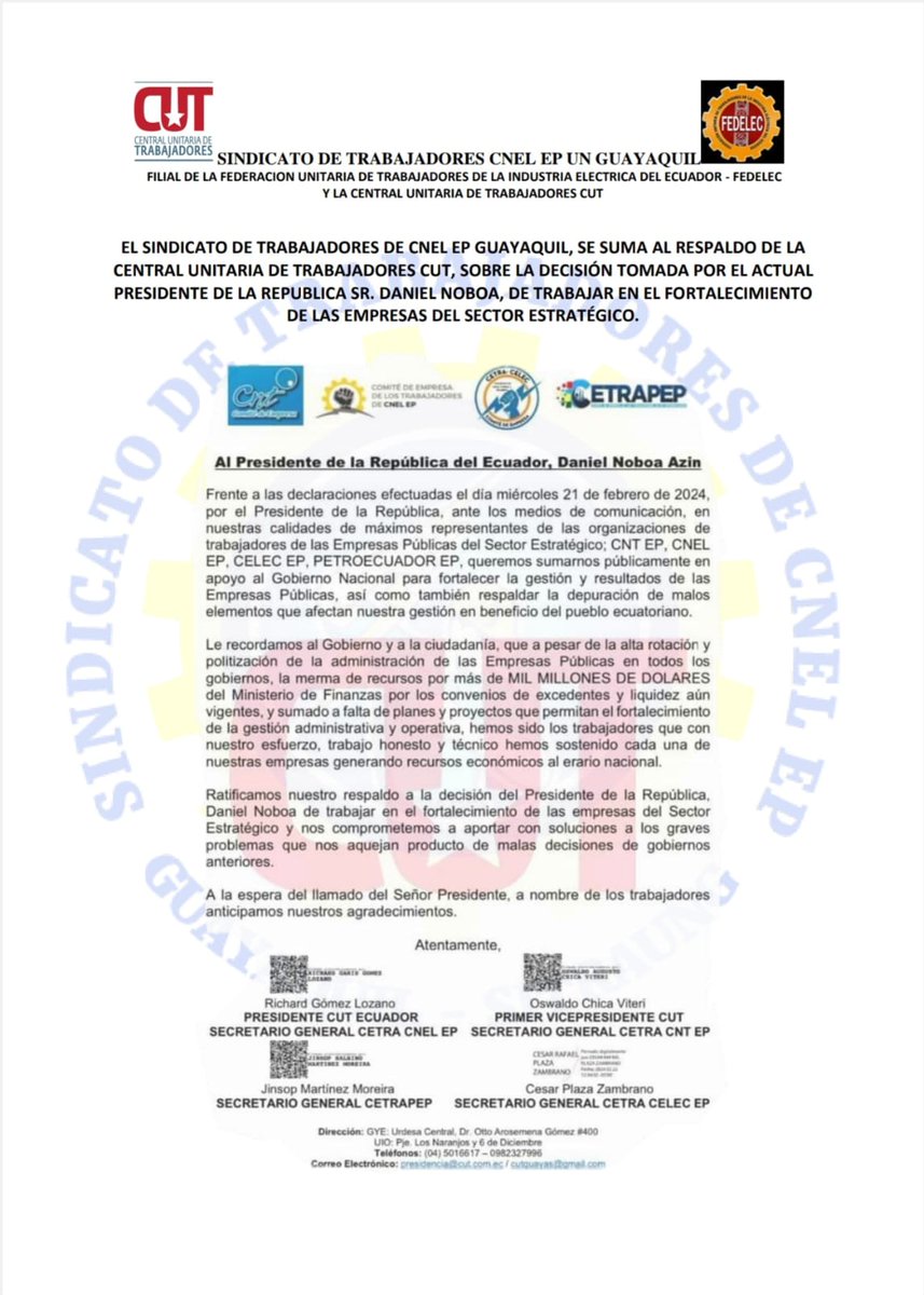 sitraung1's tweet image. El Sindicato de Trabajadores de Cnel Guayaquil SITRAUNG, también se suma a las palabras de nuestra Central Unitaria de Trabajadores en apoyo a las declaraciones del Presidente @DanielNoboaOk  @EcuadorCut